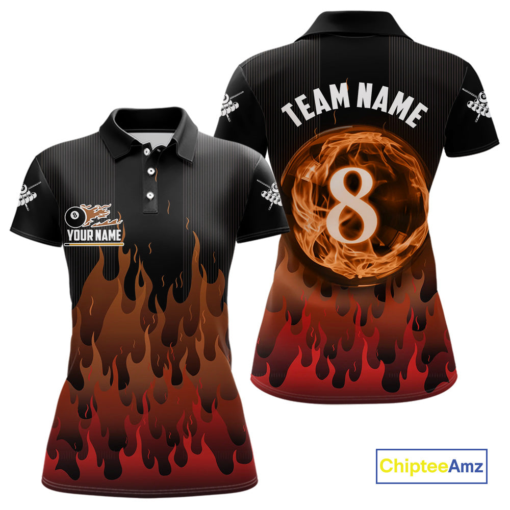 Red And Orange Flaming 8 Ball Pool Women Billiard Polo & 1/4 Zip Custom Pool Team Player Jersey TDM4185