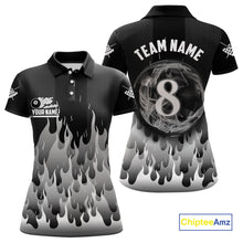 Load image into Gallery viewer, Black And Grey Flaming 8 Ball Pool Women Billiard Polo &amp; 1/4 Zip Custom Pool Team Player Jersey TDM4186