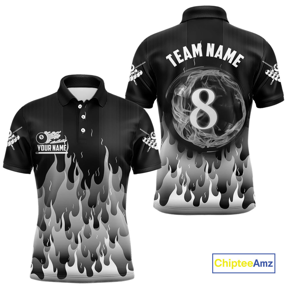 Black And Grey Flaming 8 Ball Pool Men Billiard Polo & 1/4 Zip Custom Pool Team Player Jersey TDM4186