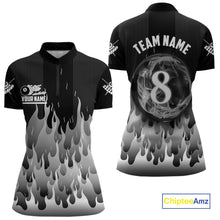 Load image into Gallery viewer, Black And Grey Flaming 8 Ball Pool Women Billiard Polo &amp; 1/4 Zip Custom Pool Team Player Jersey TDM4186