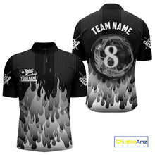 Load image into Gallery viewer, Black And Grey Flaming 8 Ball Pool Men Billiard Polo &amp; 1/4 Zip Custom Pool Team Player Jersey TDM4186