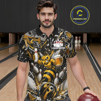 Man wearing yellow funny bee graffiti bowling team jersey polo shirt featuring colorful graffiti bee artwork, front view.