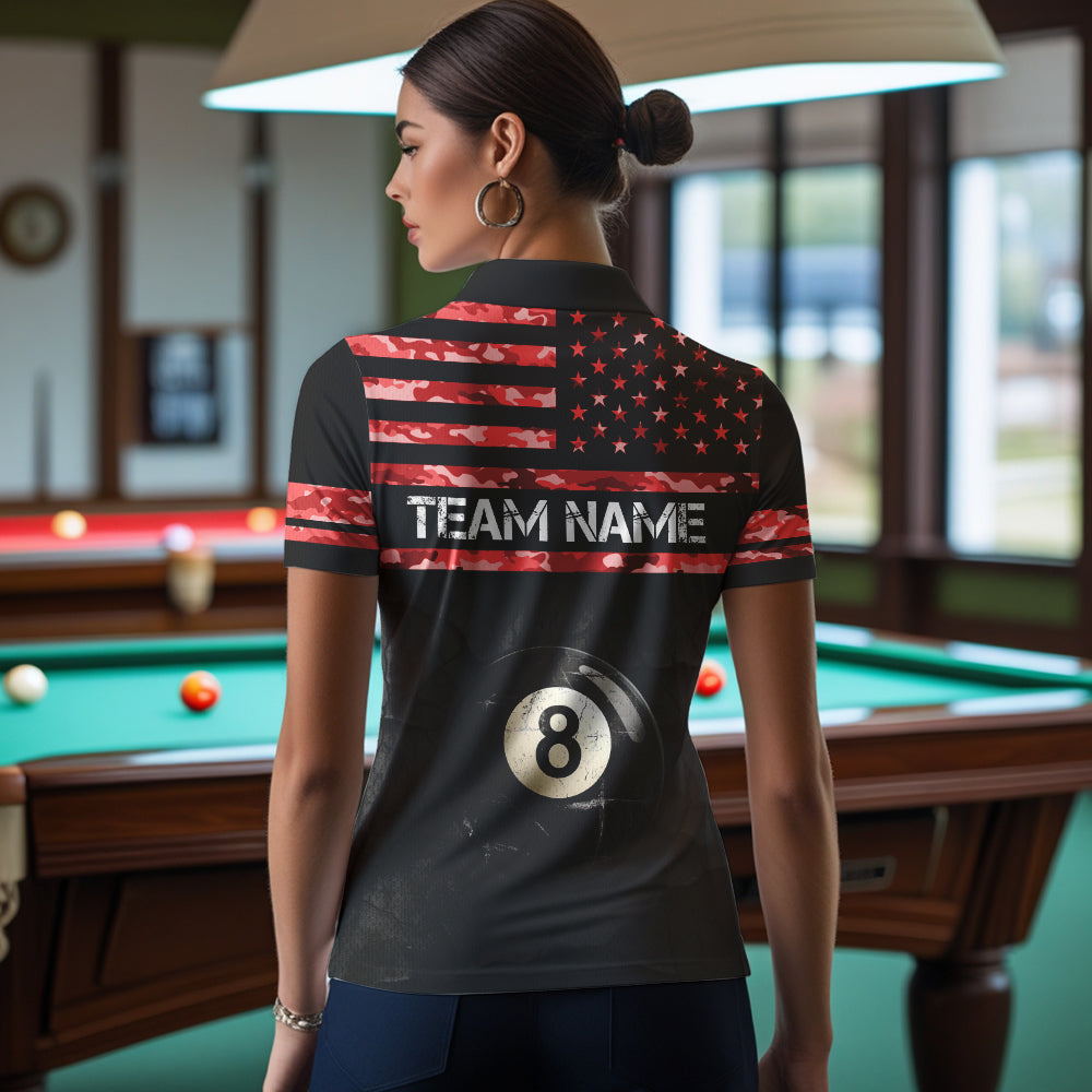 Customized Retro 8 Ball Pool Red Camo US Flag Billiard Shirts For Women, Patriotic Billiard Jerseys TDM3568