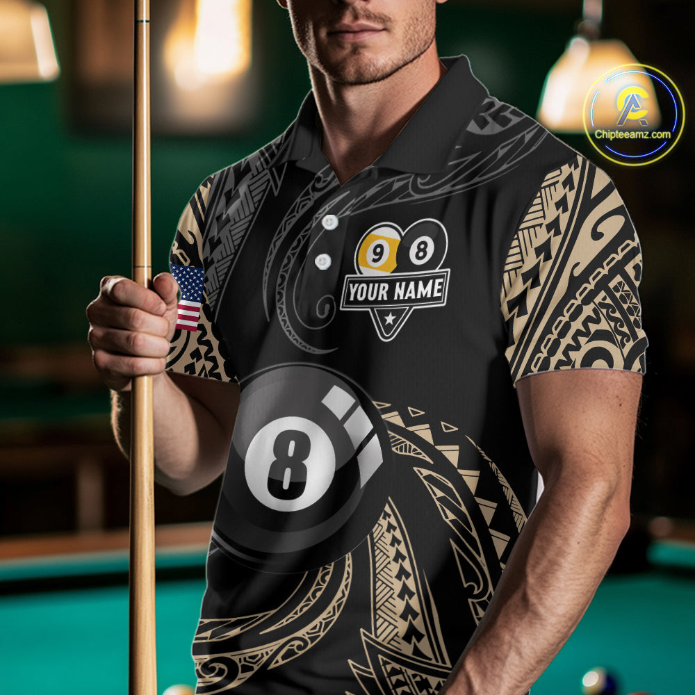 Personalized 8 Ball 9 Ball Tribal Billiard Shirt For Men Custom Pool Team Jersey Polo & 1/4 Zip TDM6335