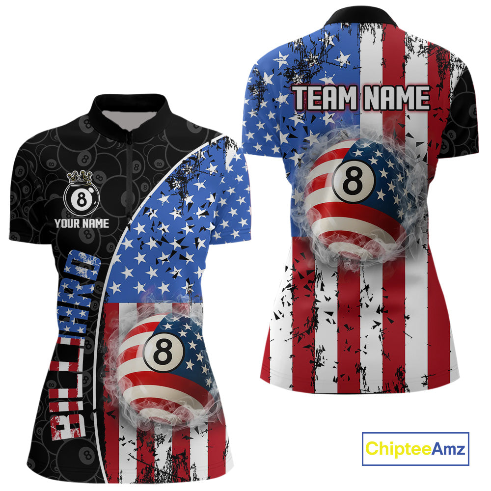 American Flag 8 Ball Smoke Billiard Shirts For Women Custom Patriotic Pool Team Jerseys TDM3997