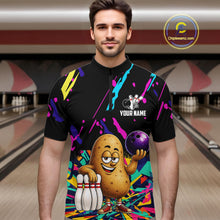 Load image into Gallery viewer, Man wearing a colorful potato bowling quarter zip jersey during league competition front view.