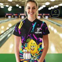 Load image into Gallery viewer, Woman wearing a colorful lemon bowling quarter zip jersey during league competition front view.