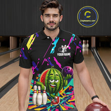 Load image into Gallery viewer, Man wearing a colorful watermelon bowling polo shirt at a bowling alley front view.