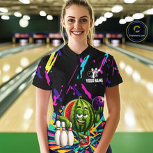 Load image into Gallery viewer, Woman wearing a colorful watermelon bowling quarter zip jersey during league competition front view.