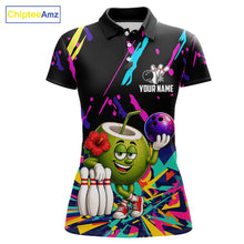 Load image into Gallery viewer, Colorful coconut bowling polo shirt for women with tropical custom bowling team graphics.