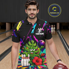 Load image into Gallery viewer, Man wearing a colorful monstera hibiscus bowling polo shirt at a bowling alley front view.