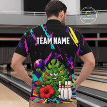 Load image into Gallery viewer, Back view of man wearing a colorful monstera hibiscus bowling quarter zip shirt in a bowling alley.
