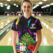 Load image into Gallery viewer, Woman wearing a colorful sunflower bowling quarter zip jersey during league competition front view.
