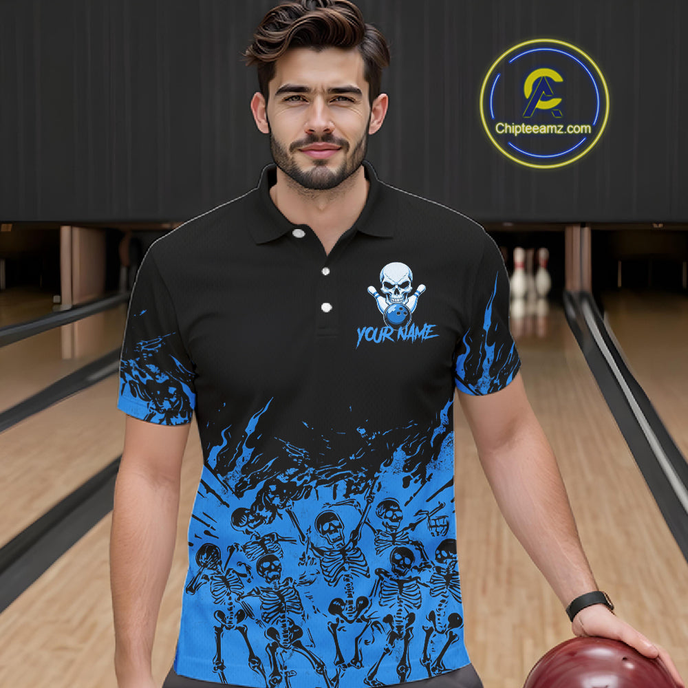 Black And Blue Funny Skeleton Bowling Shirts For Men Custom Skull Bowling League Team Jersey TDM7252