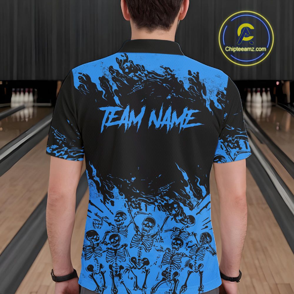 Black And Blue Funny Skeleton Bowling Shirts For Men Custom Skull Bowling League Team Jersey TDM7252