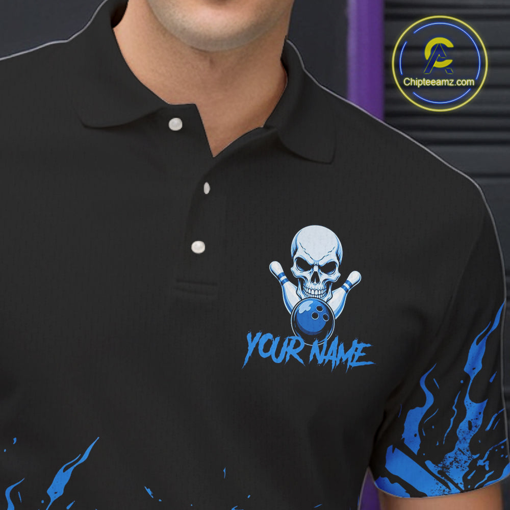 Black And Blue Funny Skeleton Bowling Shirts For Men Custom Skull Bowling League Team Jersey TDM7252