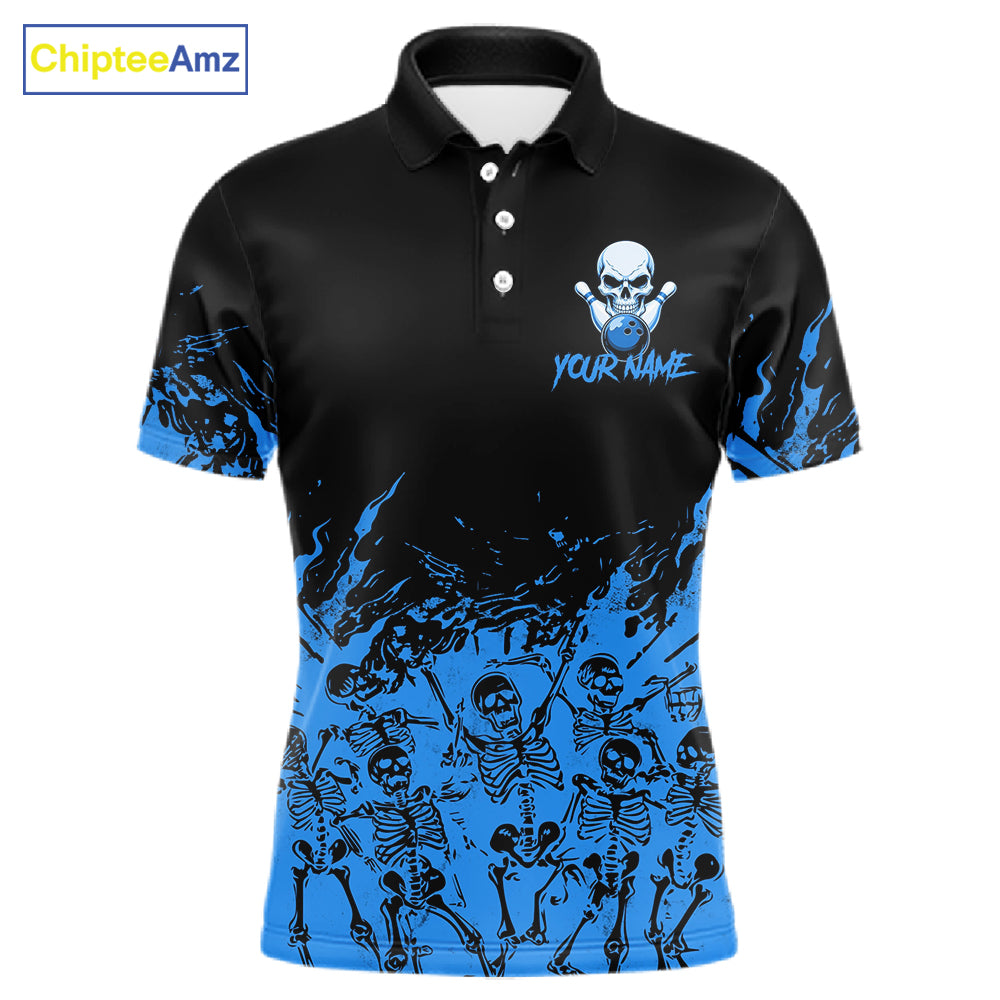 Black And Blue Funny Skeleton Bowling Shirts For Men Custom Skull Bowling League Team Jersey TDM7252