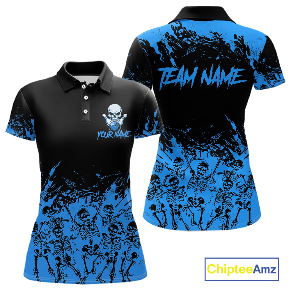 Black And Blue Funny Skeleton Bowling Shirts For Women Custom Skull Bowling League Team Jersey TDM7252