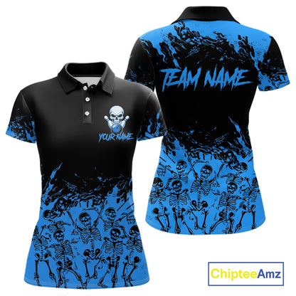 Black And Blue Funny Skeleton Bowling Shirts For Women Custom Skull Bowling League Team Jersey TDM7252