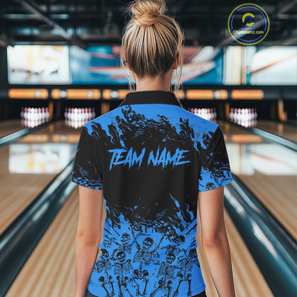 Black And Blue Funny Skeleton Bowling Shirts For Women Custom Skull Bowling League Team Jersey TDM7252