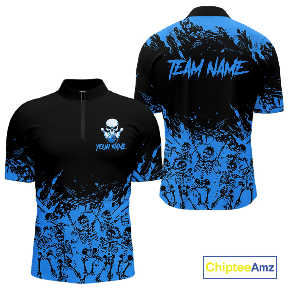 Black And Blue Funny Skeleton Bowling Shirts For Men Custom Skull Bowling League Team Jersey TDM7252