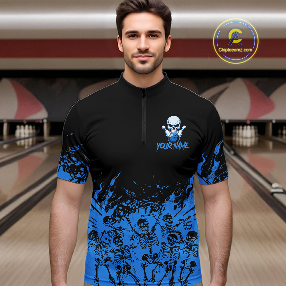 Black And Blue Funny Skeleton Bowling Shirts For Men Custom Skull Bowling League Team Jersey TDM7252