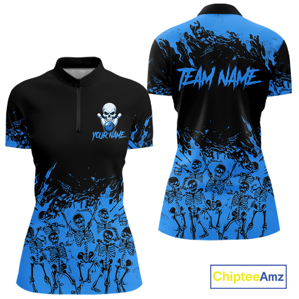 Black And Blue Funny Skeleton Bowling Shirts For Women Custom Skull Bowling League Team Jersey TDM7252