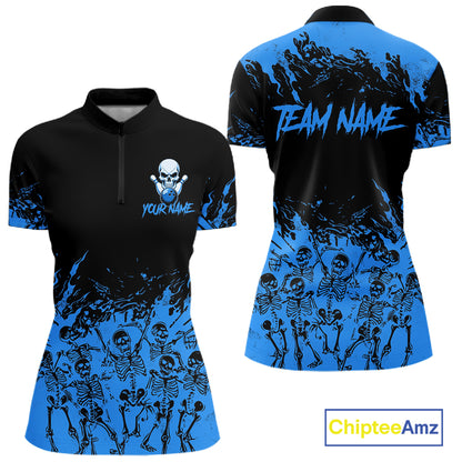 Black And Blue Funny Skeleton Bowling Shirts For Women Custom Skull Bowling League Team Jersey TDM7252