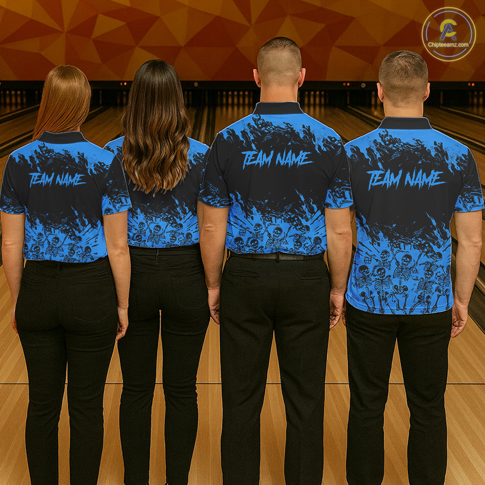 Black And Blue Funny Skeleton Bowling Shirts For Women Custom Skull Bowling League Team Jersey TDM7252