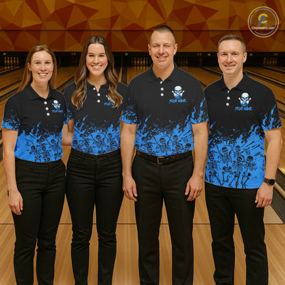 Black And Blue Funny Skeleton Bowling Shirts For Women Custom Skull Bowling League Team Jersey TDM7252