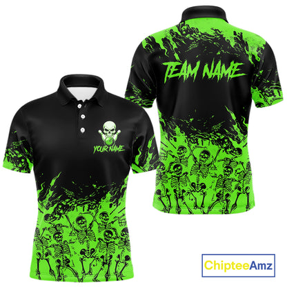 Black And Green Funny Skeleton Bowling Shirts For Men Custom Skull Bowling League Team Jersey TDM7253