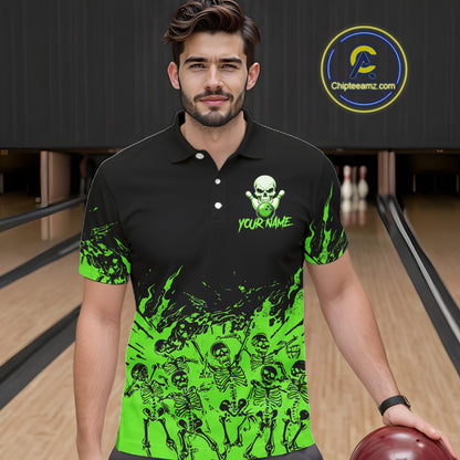 Black And Green Funny Skeleton Bowling Shirts For Men Custom Skull Bowling League Team Jersey TDM7253