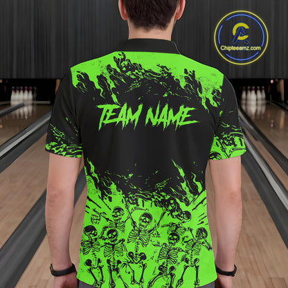Black And Green Funny Skeleton Bowling Shirts For Men Custom Skull Bowling League Team Jersey TDM7253