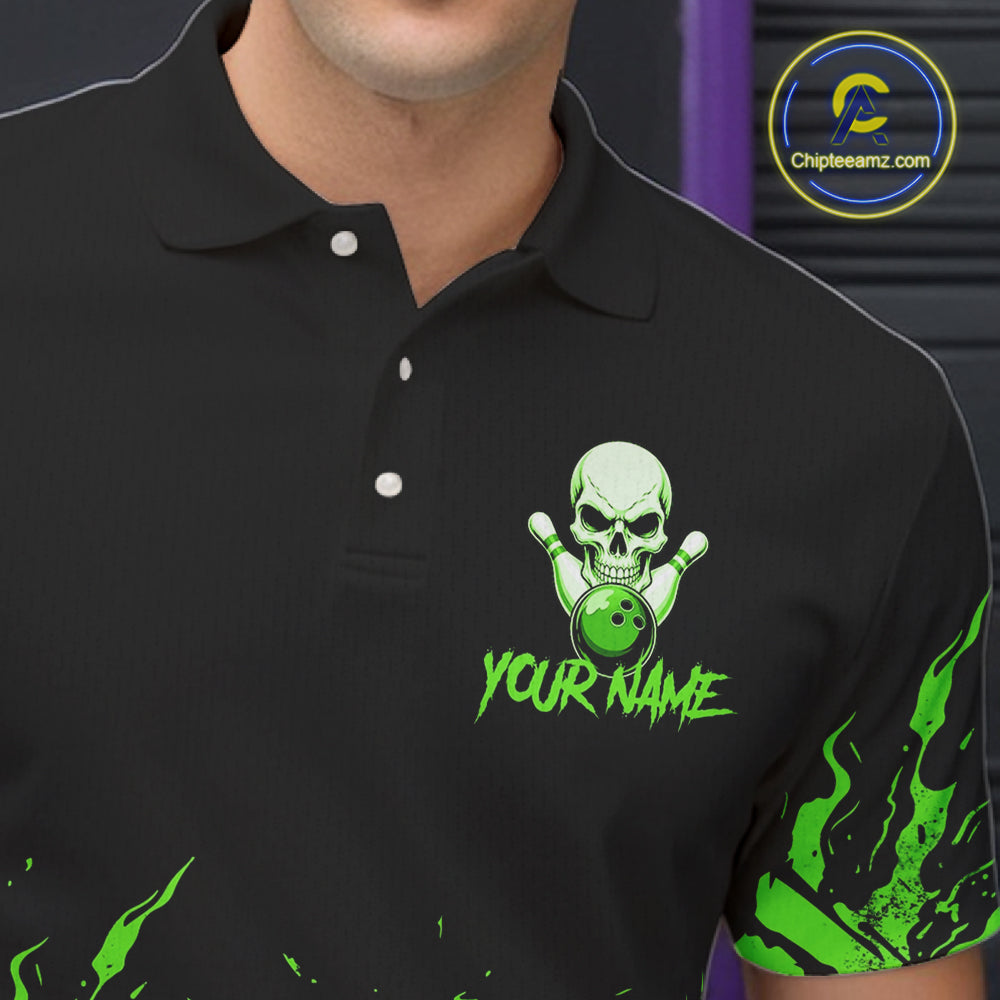 Black And Green Funny Skeleton Bowling Shirts For Men Custom Skull Bowling League Team Jersey TDM7253
