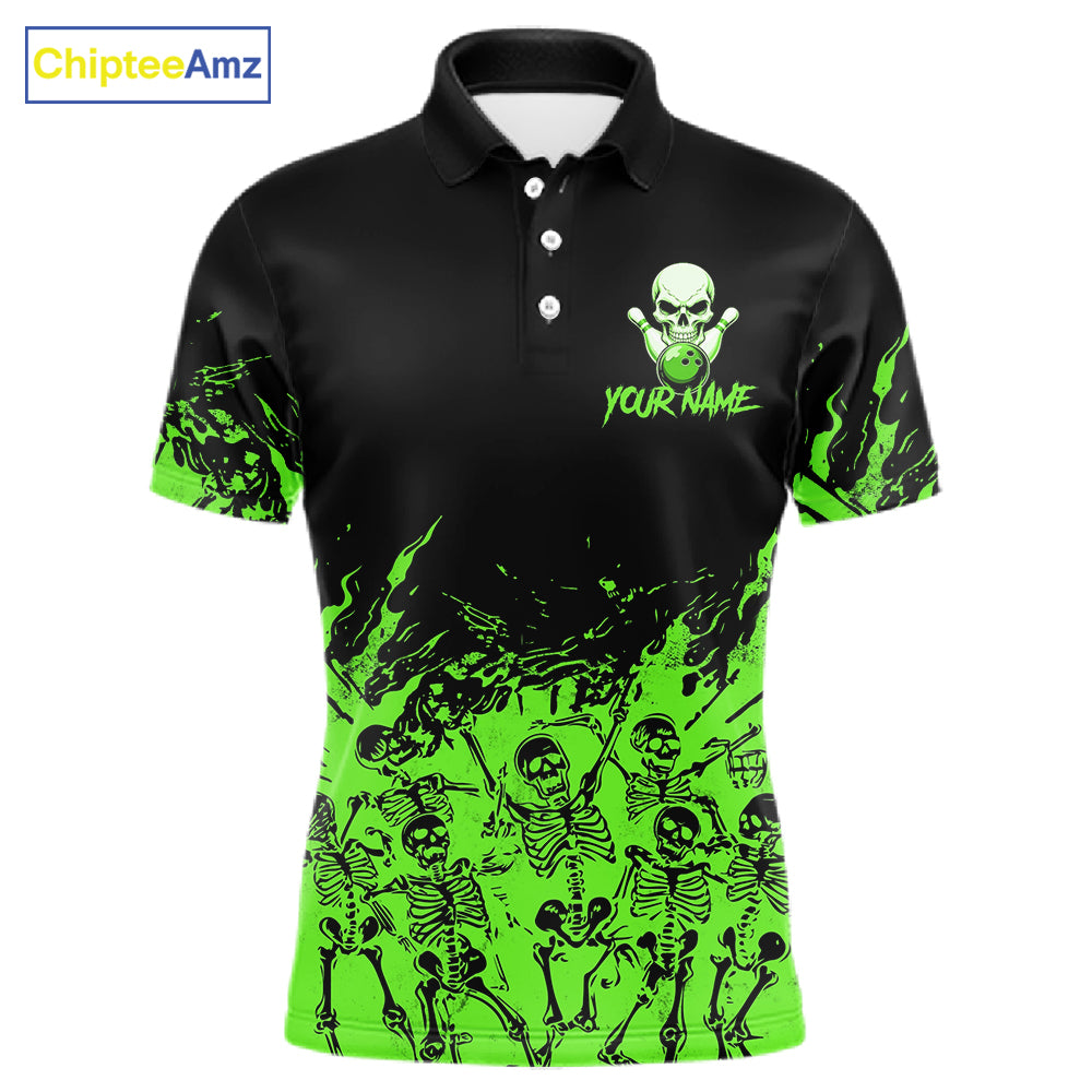 Black And Green Funny Skeleton Bowling Shirts For Men Custom Skull Bowling League Team Jersey TDM7253