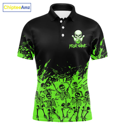 Black And Green Funny Skeleton Bowling Shirts For Men Custom Skull Bowling League Team Jersey TDM7253
