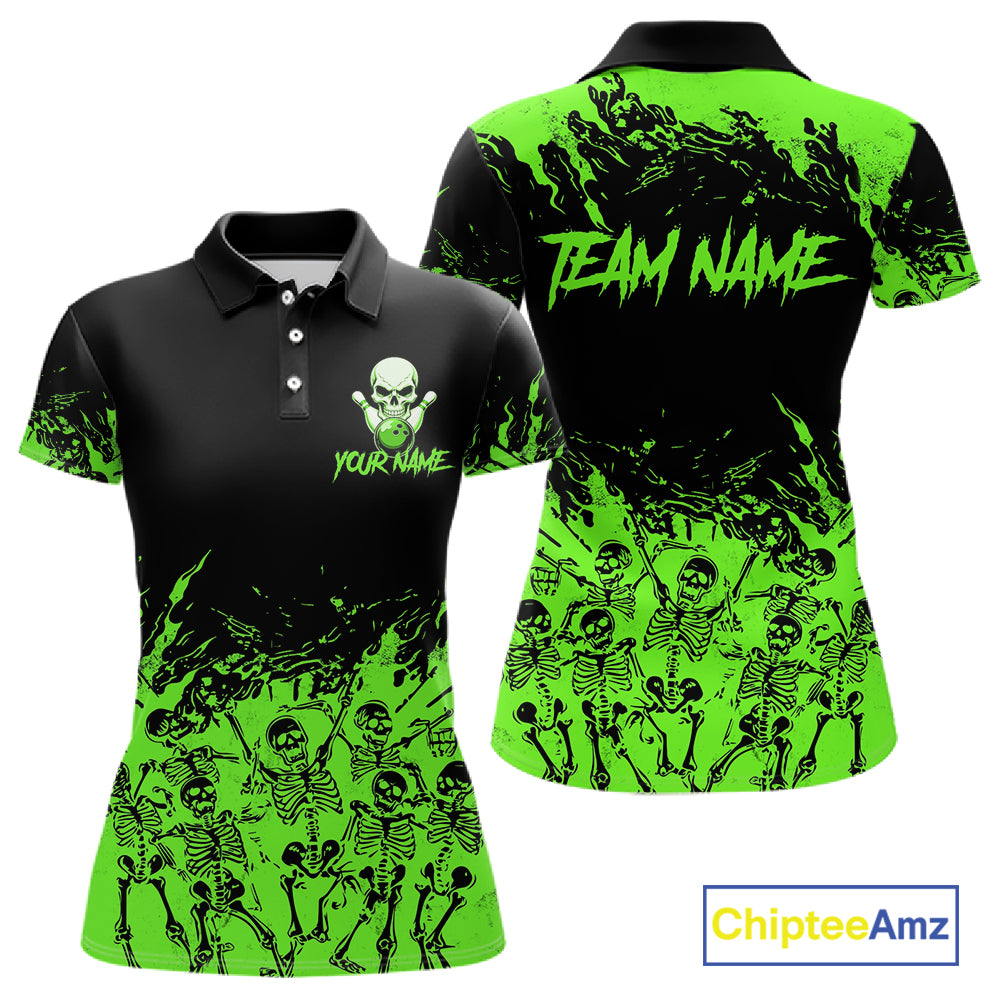 Black And Green Funny Skeleton Bowling Shirts For Women Custom Skull Bowling League Team Jersey TDM7253