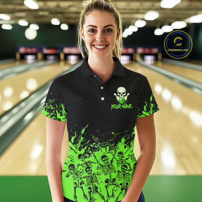Black And Green Funny Skeleton Bowling Shirts For Women Custom Skull Bowling League Team Jersey TDM7253