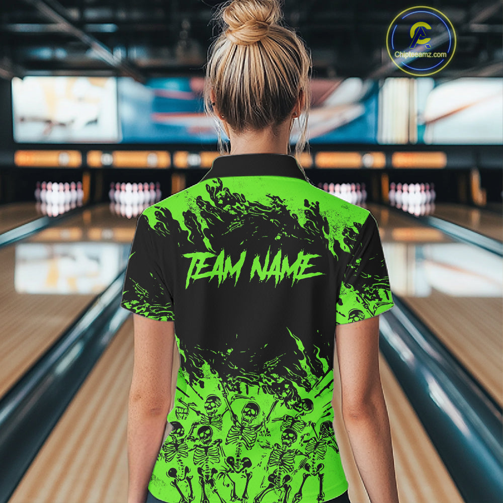 Black And Green Funny Skeleton Bowling Shirts For Women Custom Skull Bowling League Team Jersey TDM7253