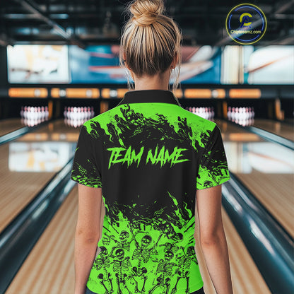 Black And Green Funny Skeleton Bowling Shirts For Women Custom Skull Bowling League Team Jersey TDM7253