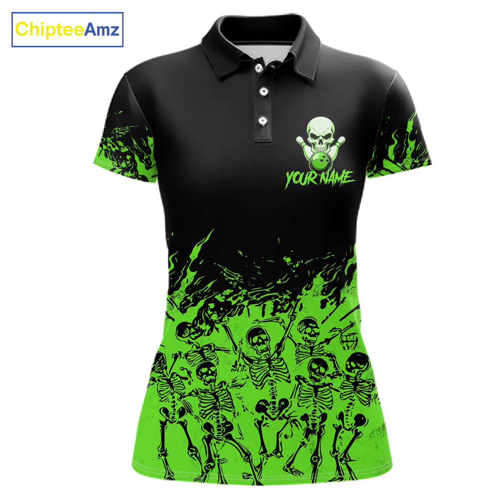 Black And Green Funny Skeleton Bowling Shirts For Women Custom Skull Bowling League Team Jersey TDM7253