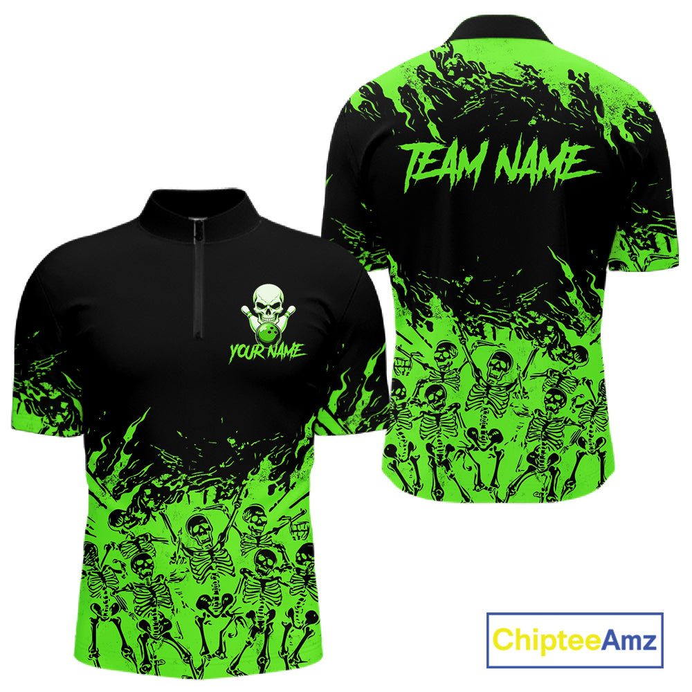 Black And Green Funny Skeleton Bowling Shirts For Men Custom Skull Bowling League Team Jersey TDM7253