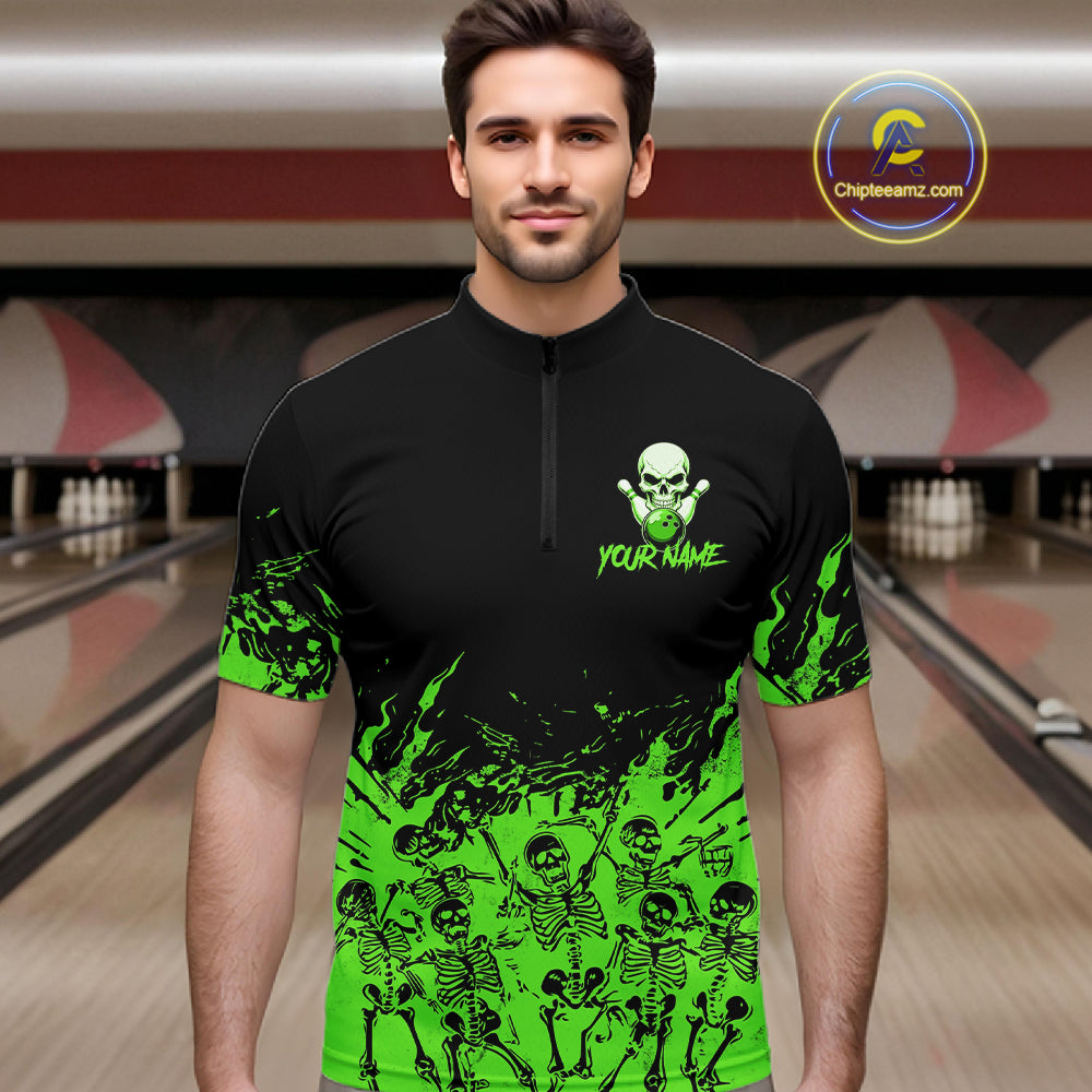 Black And Green Funny Skeleton Bowling Shirts For Men Custom Skull Bowling League Team Jersey TDM7253