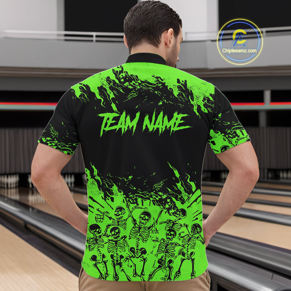 Black And Green Funny Skeleton Bowling Shirts For Men Custom Skull Bowling League Team Jersey TDM7253