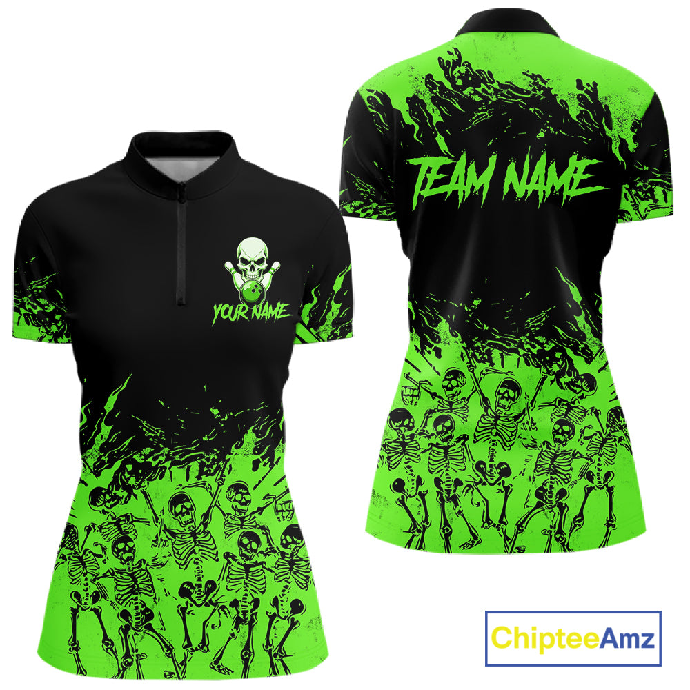 Black And Green Funny Skeleton Bowling Shirts For Women Custom Skull Bowling League Team Jersey TDM7253