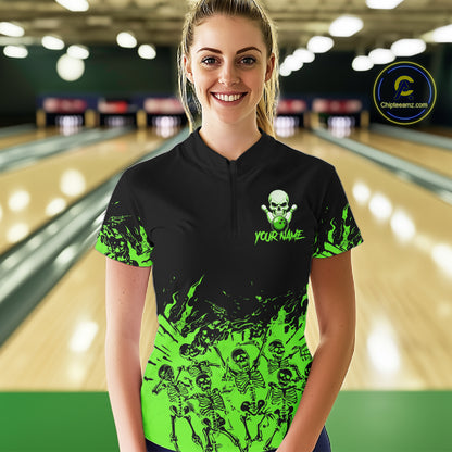 Black And Green Funny Skeleton Bowling Shirts For Women Custom Skull Bowling League Team Jersey TDM7253