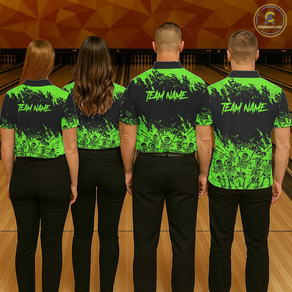 Black And Green Funny Skeleton Bowling Shirts For Women Custom Skull Bowling League Team Jersey TDM7253
