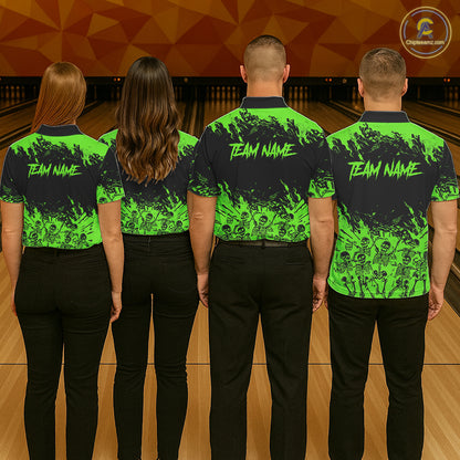 Black And Green Funny Skeleton Bowling Shirts For Women Custom Skull Bowling League Team Jersey TDM7253