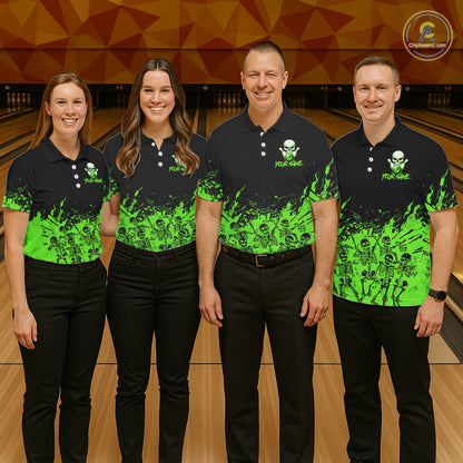 Black And Green Funny Skeleton Bowling Shirts For Women Custom Skull Bowling League Team Jersey TDM7253