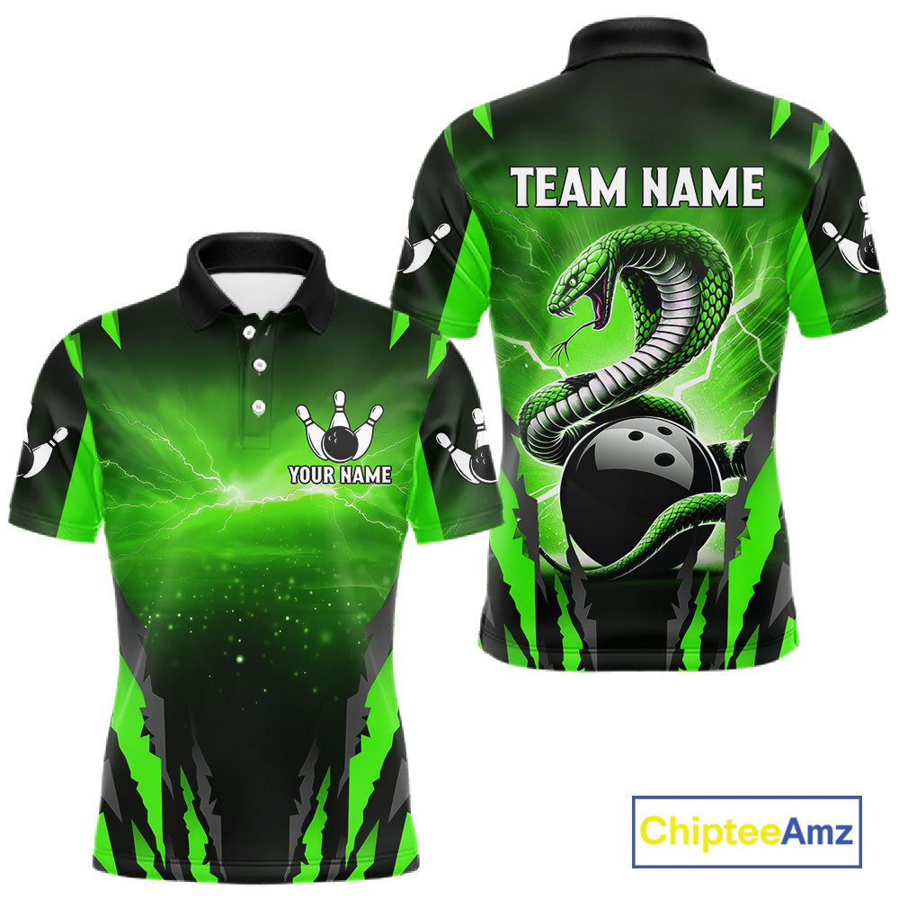 Green Thunder Lightning Cobra Snake Bowling Shirts For Men Custom Bowling Jersey Polo & 1/4 Zip TDM6084